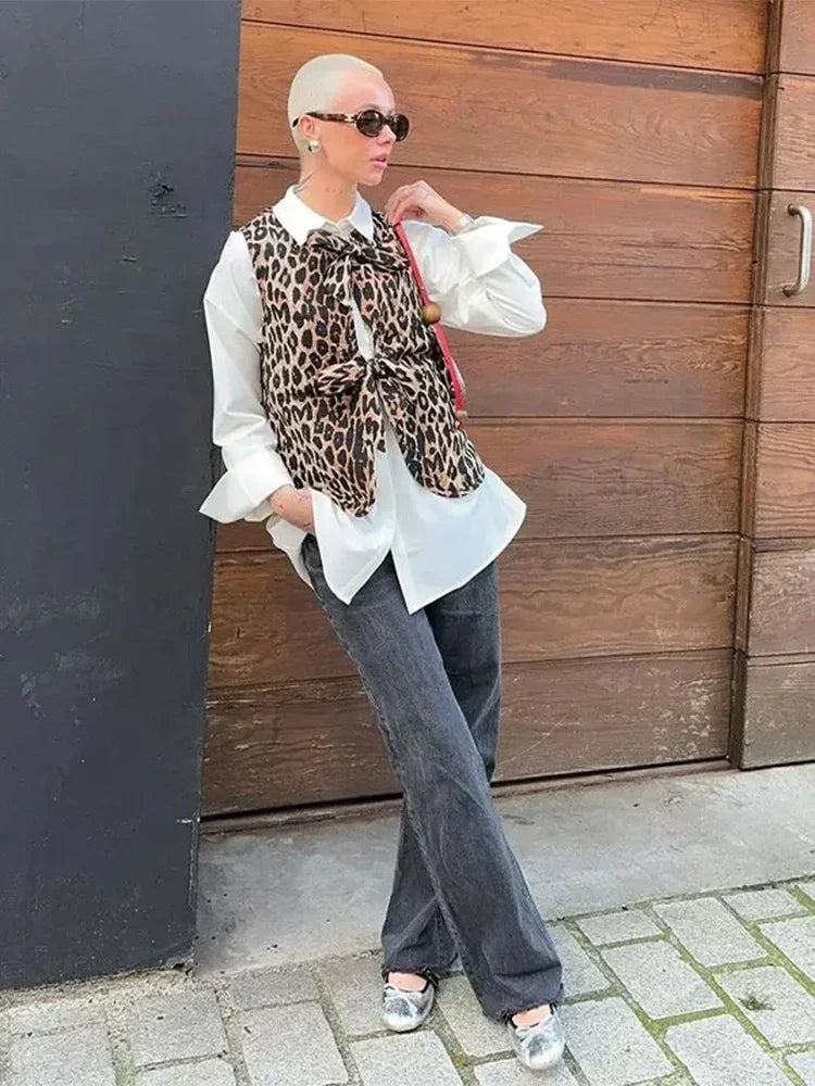 Chic Leopard Printed Lace Up Top For Women Casual V Neck Sleeveless Vest  New Spring Summer Female High Street Wasitcoat