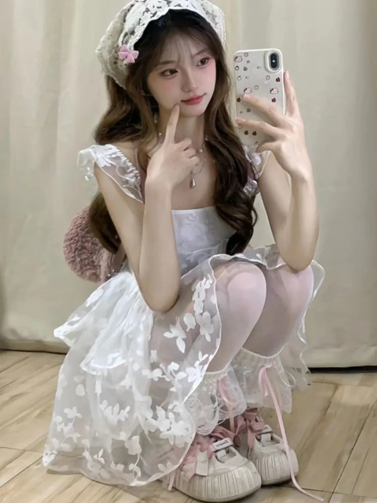 Elegant Princess Party White Dress Sleeveless Summer New Y2K Ruffles A-line Short Dresses for Women Korean One Piece Vestido