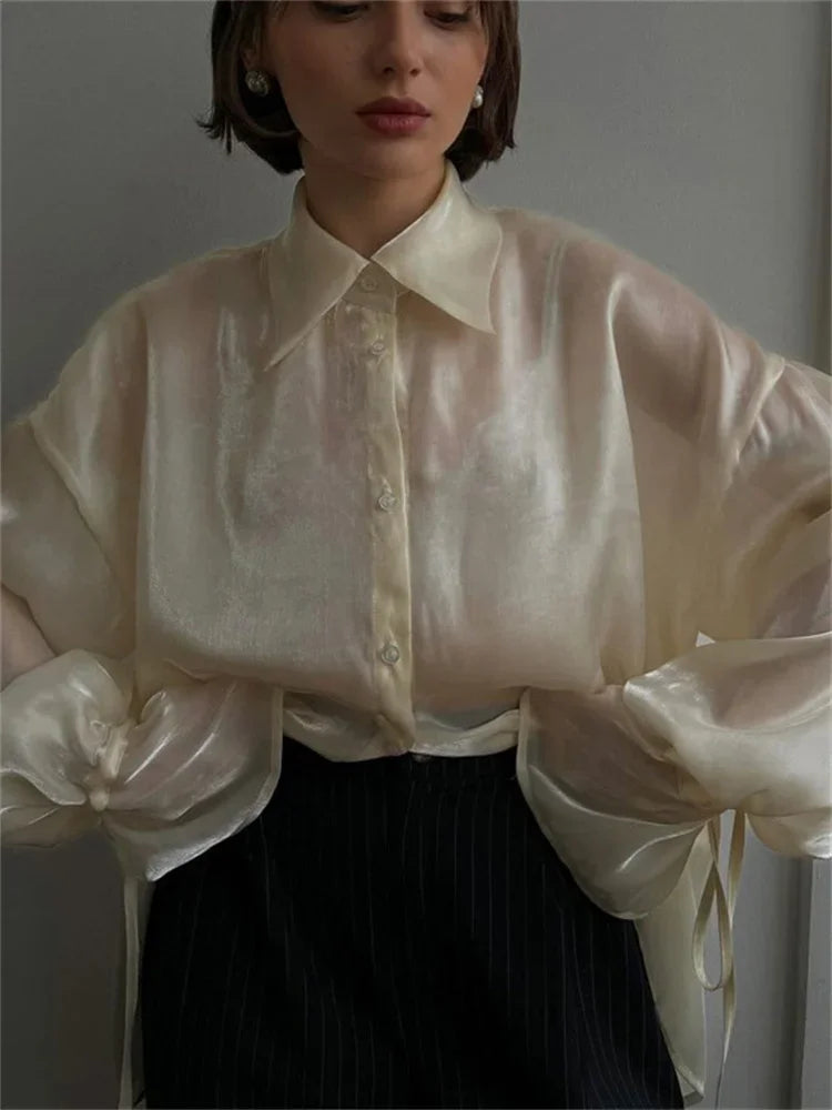 Casual Loose See-Through Shirts Coat Female Lapel Long Sleeve Lace-Up 2025 Summer Outwear Women’s Solid Patchwork Blouse