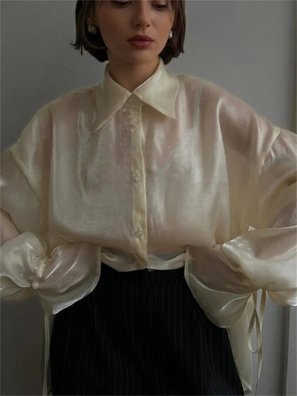Casual Loose See-Through Shirts Coat Female Lapel Long Sleeve Lace-Up 2025 Summer Outwear Women’s Solid Patchwork Blouse