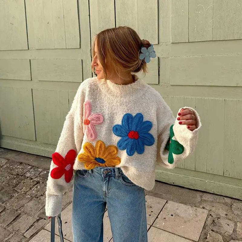 Autumn Knitted Women Sweater Sweet Flower Loose Long Sleeve O-neck Female Pullovers 2025 New Casual Loose Ladies Tops Streetwear