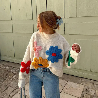 Autumn Knitted Women Sweater Sweet Flower Loose Long Sleeve O-neck Female Pullovers 2025 New Casual Loose Ladies Tops Streetwear