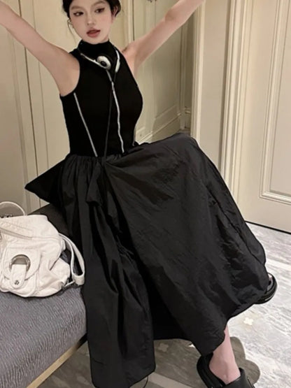 Casual Black Knitted Dresses for Women Sleeveless Vest Dress A-line Casual Korean Fashion Half High Collar Autumn New Vestido