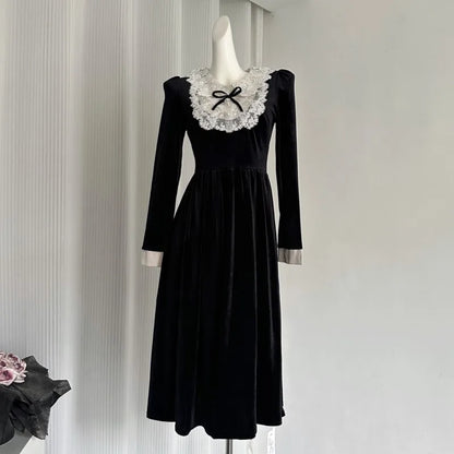 French Vintage Princess Evening Party Dresses Women Lace Patchwork Velvet Mini Dress A-line Korean Fashion Autumn Vestidos Mujer