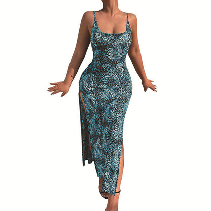 Fashion Leopard Print Slim Long Dresses Women Sexy Low Cut Backless Package Hip Bodycon Slit Dress Female Streetwear Summer New