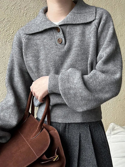 Casual Solid Knitted Lapel Sweaters Women Vintage Loose Button Long Sleeve Pullover Sweater Female Autumn Elegant Chic Base Tops