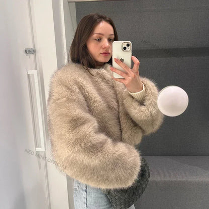 Chic Brand Icon Fashion Kendall Jenner Brown Gradient Faux Fur Jacket Women  Winter New Luxury Cropped Fox Fur Coat