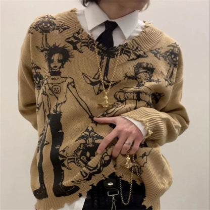 Dark Retro Y2K American Street Hooded Round Neck Loose Knit Sweater