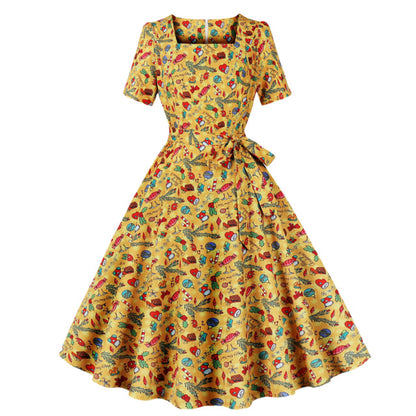 Trend Elegant Christmas Party Dresses Women Print Square Collar Short Sleeves Bowknot Leace-up A-line Dress Female New Vestidos