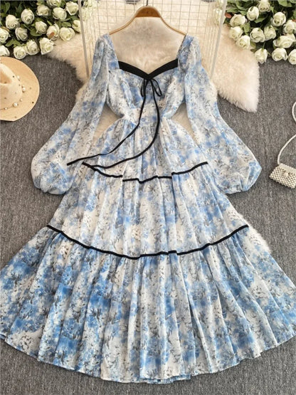 Elegant Floral Printed Midi Dresses for Women Lantern Sleeves Square Collar A-line Birthday Party Dress Autumn New Prom Robe