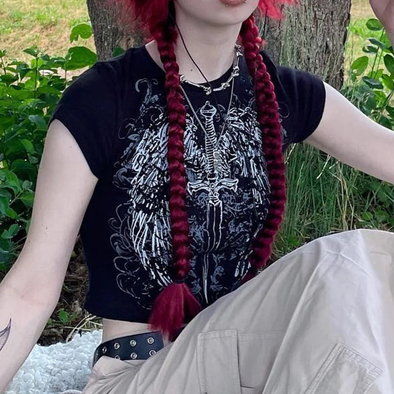 90s Harajuku printed T-shirt short sleeved tight top women&#8217;s Y2K street wear exposed navel top