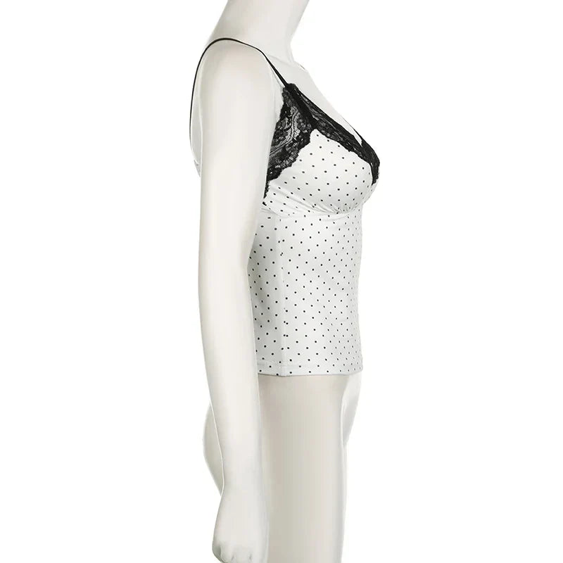 Voguable  Y2K Polka Dot Crop Top Buttons Contrast Lace Patchwork V-neck Camisole Coquette Casual Basic Tank Tops All-match