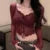 Streetwear Burgundy Mesh Tops Long Sleeve Lace Up Square Collar T Shirt Women Crop Top Spring Summer  Y2k Chic Tops