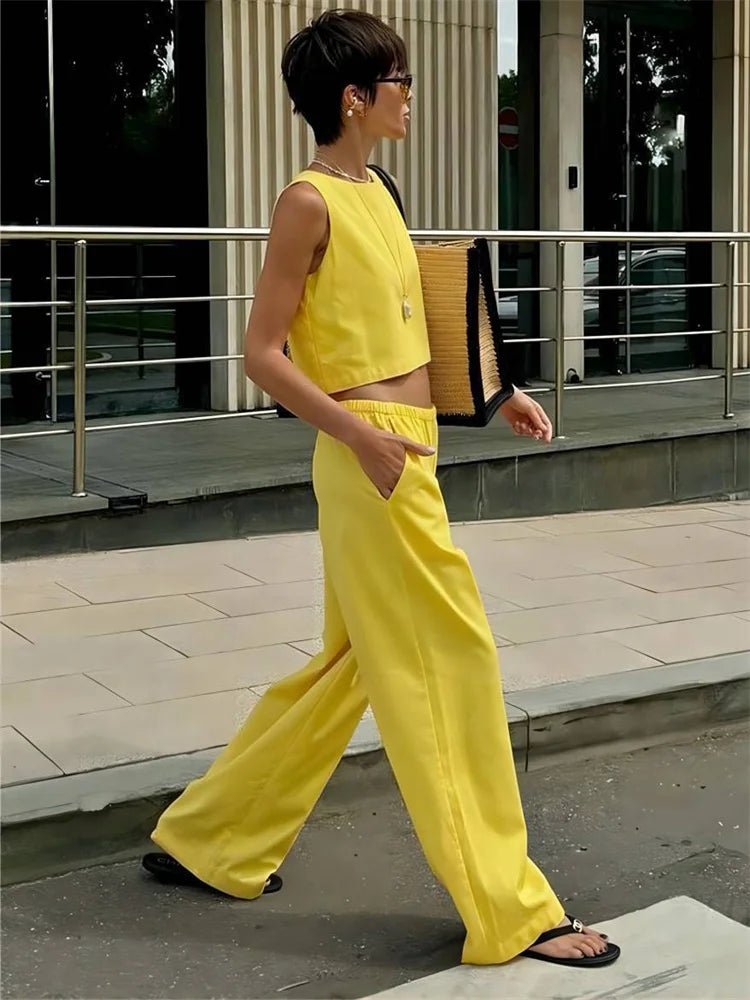 Summer Fashion 2 Piece-Set Women’s Pants Sleeveless Cropped Vest Top And Wide Leg Trousers Sets Female Outfits Trousers