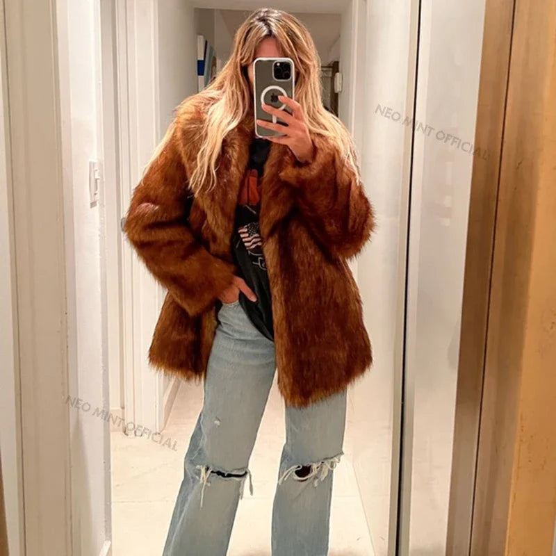 Luxury Brand Long Furry Faux Fur Coat Women  Winter Brown Vintage Gradient Thick Warm Outerwear Fluffy Fur Jacket