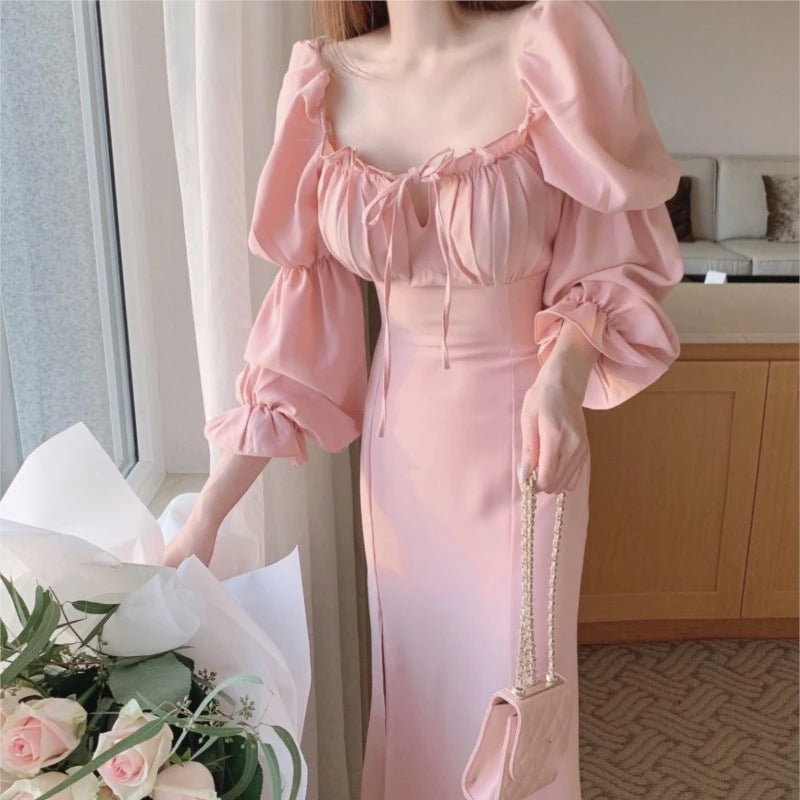 Autumn New Bodycon Midi Dresses for Women Puff Sleeve Square Collar High Split Office Lady Korean Fashion Evening Party Dress