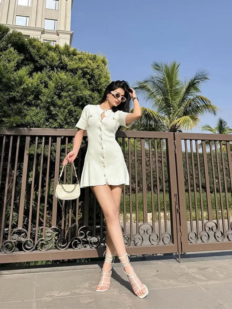 Knitted Dress for Women Streetwear Vintage Fashion Dresses Solid Slim Button Short Sleeve Mini 2024 New Spring Summer Dress