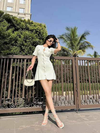 Knitted Dress for Women Streetwear Vintage Fashion Dresses Solid Slim Button Short Sleeve Mini 2024 New Spring Summer Dress
