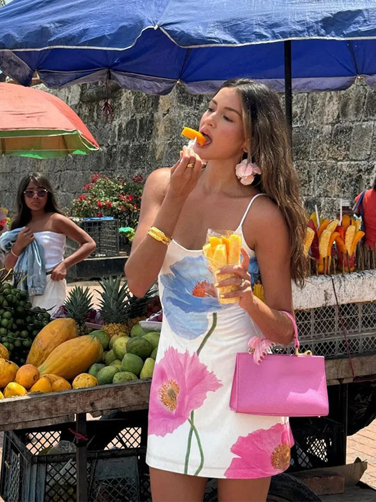 Fashion Flower Printed Women Sling Dress Elegant U-neck Backless Bodycon Dresses Summer Lady Chic Beach Vacation Robes 2024