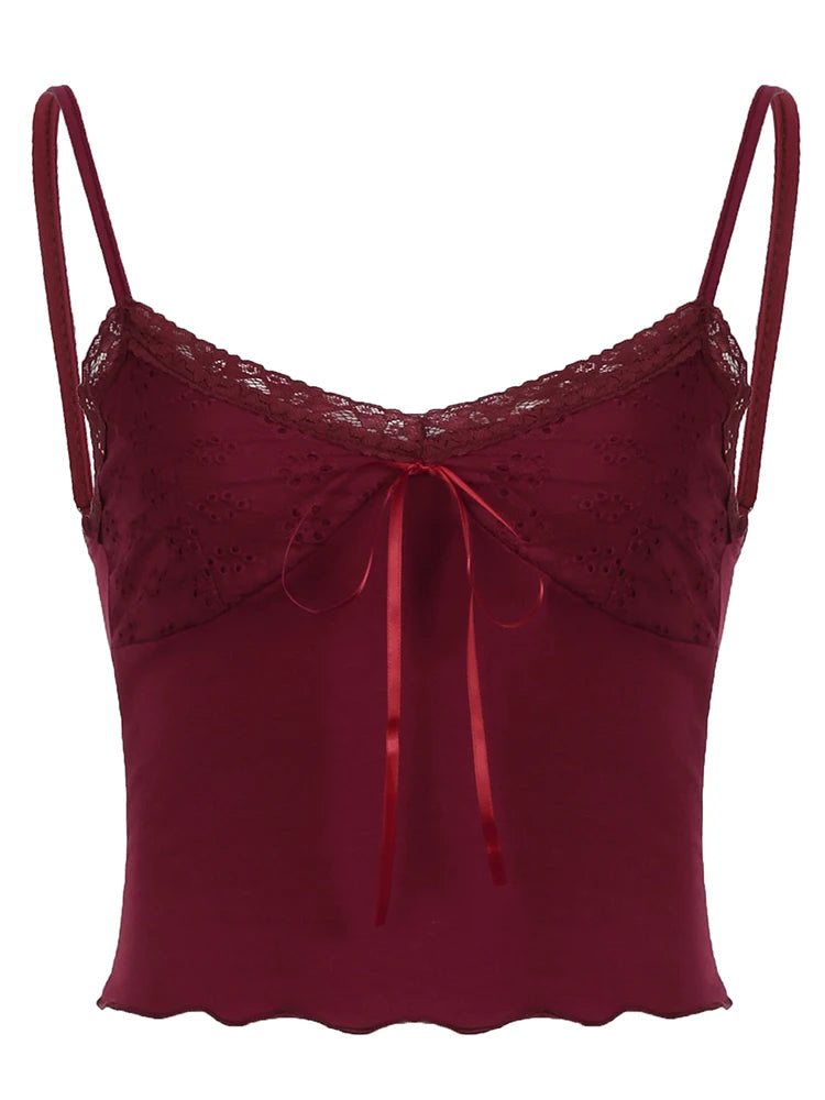 Christmas Red Vintage Elegant Camisole Lace Trim V Neck Tie Bow Sleeveless Slim Cute Crop Top Women Y2K Streetwear Clothes