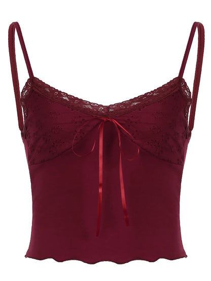 Christmas Red Vintage Elegant Camisole Lace Trim V Neck Tie Bow Sleeveless Slim Cute Crop Top Women Y2K Streetwear Clothes