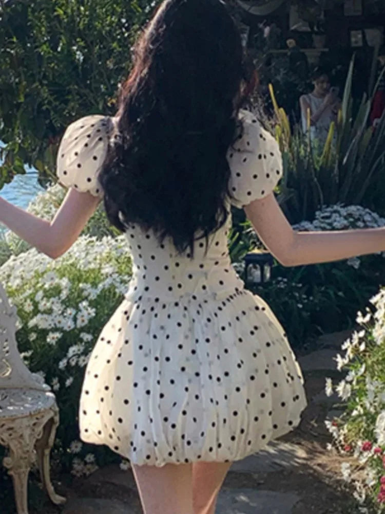 Polka Dot Birthday Party Dress Off Shoulder Puff Sleeve A-line Ball Gown Mini Dresses for Women Korean Fashion One Piece Vestido