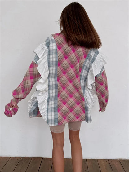Ruffled Fashion Patchwork Shirts Women’s Long Sleeve Lapel Cardigan Striped Contrast Clothes For Women Summer Shirts Coat