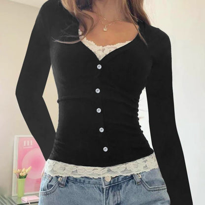 Y2K Contrast Lace Slim Top Autumn Cute Long Sleeve Buttons T-shirt Knitted Casual Outfits Sweet Korean Tee Streetwear