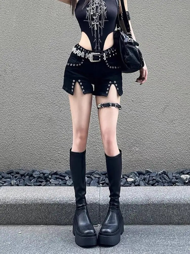 Low-Rise Rivet Denim Shorts