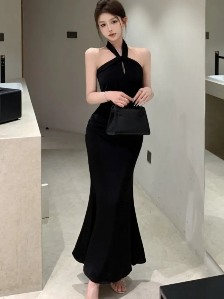 Sexy Bodycon Satin Evening Party Dress Sleeveless Halter Slim Mermaid Summer New Midi Dresses for Women Prom Vestidos Mujer