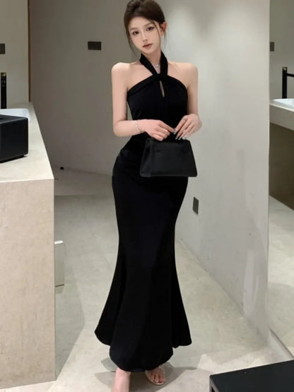 Sexy Bodycon Satin Evening Party Dress Sleeveless Halter Slim Mermaid Summer New Midi Dresses for Women Prom Vestidos Mujer