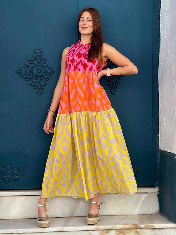 Chic Patchwork Printed Dress For Women Chic Round Neck Sleeveless Casual Maixi Dress  Summer New Female Vacation Robe