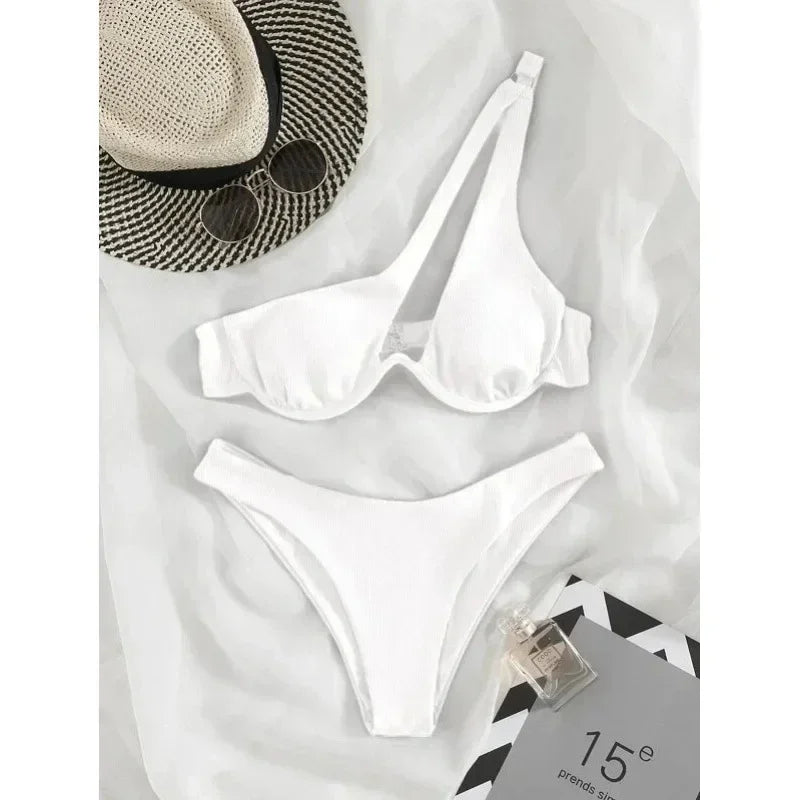 Luxury Two Pieces Solid Patchwork Underwire Push Up One Shoulder Cut Out Beachwear Swimwear Biqunis Brazilian Thong Bikini