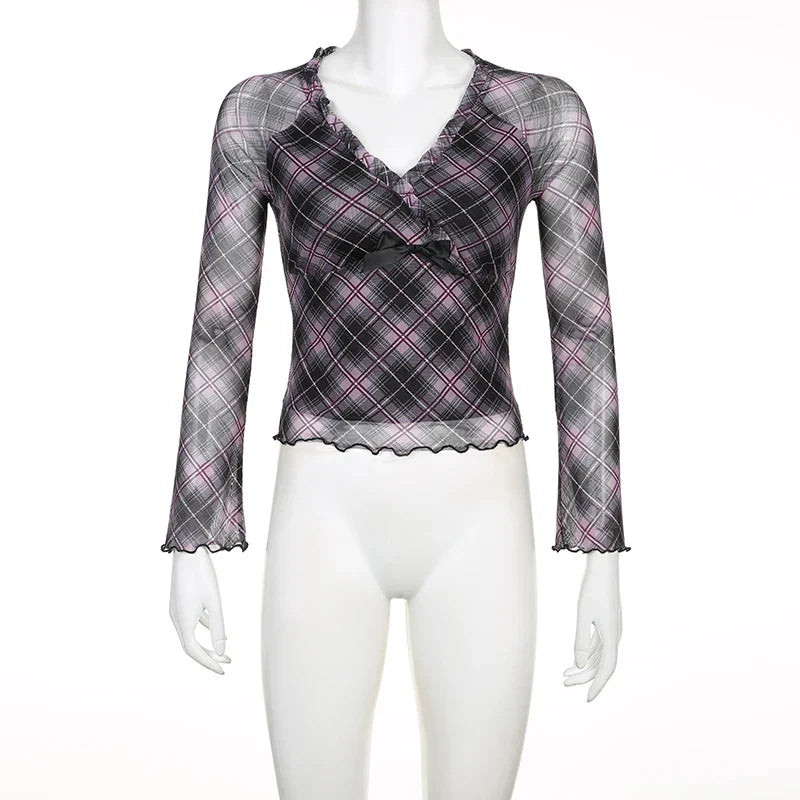 Voguable Y2K Plaid Double Layer Mesh Top Black Ruched V-neck T-shirts Fairy Grunge Long Sleeve Tops Vintage Sweet Bow Tees Fall
