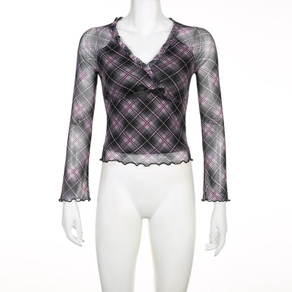 Voguable Y2K Plaid Double Layer Mesh Top Black Ruched V-neck T-shirts Fairy Grunge Long Sleeve Tops Vintage Sweet Bow Tees Fall