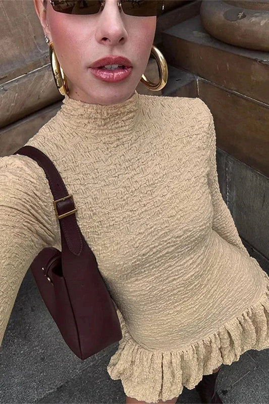 Pleated Slim High Long Sleeves Mini Dress