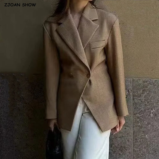 CHIC Double Buttons BF Blazer Boyfriend Vintage Women Notched Cut out Front Hem Long Sleeve Suit Loose Female Coat Camel