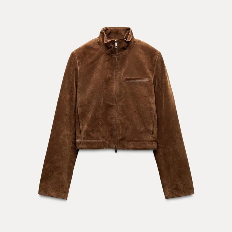 Stand Collar Suede Leather Jacket Coat Zipper Retro Long Sleeved Casual Biker Jackets Loose Fashion Front Shoulder Short Outwear
