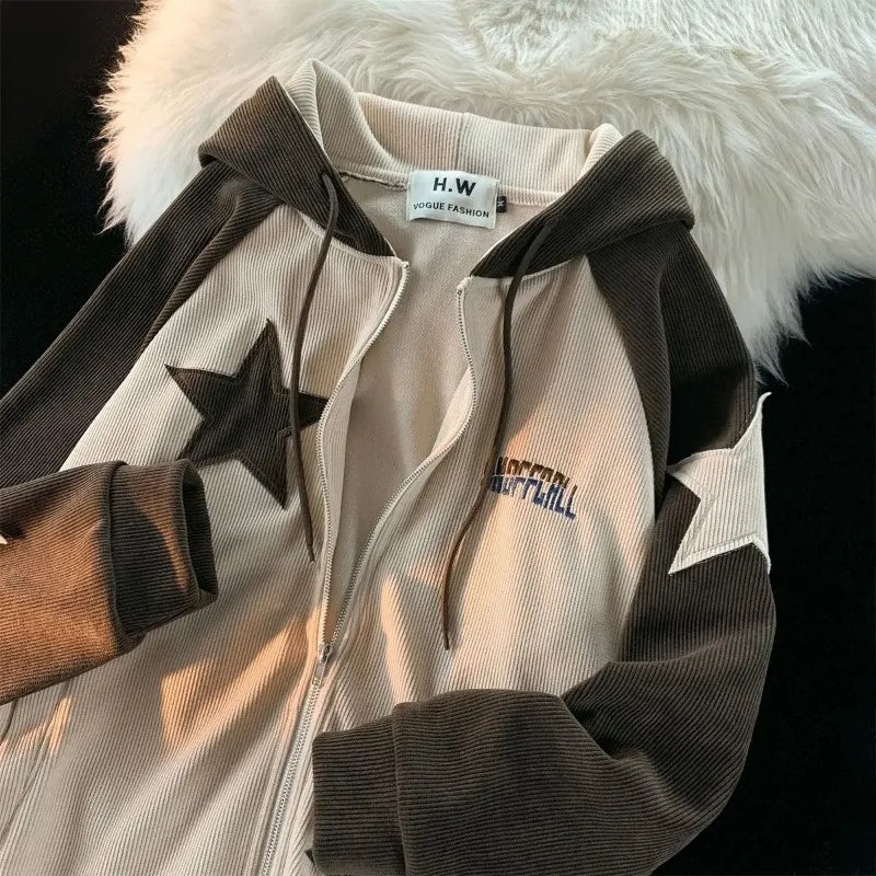Voguable Y2K Harajuku Style Star Patch Zipper Hooded Streetwear Popular Casual Joker Sweatshirt Unisex Stitching Tops