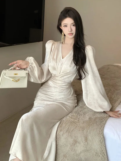 Elegant Bodycon Printed Midi Dresses for Women V-neck Lantern Sleeve Slim Waist Mermaid Evening Party Dress Autumn New Vestidos