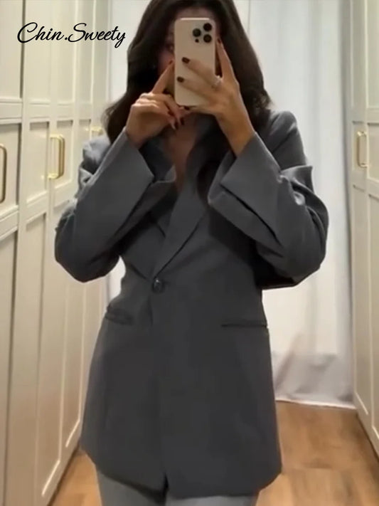 Elegant Metal Button Blazer Suit Women Slim V Neck Long Sleeve Fake Pocket Jacket  Autumn Shoulder Pads Office Lady Outwear