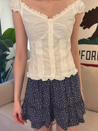 Ruffles White Basic Blouse Top for Woman Folds Single Breasted Sleeveless Tank Tops Casual Cotton Vest Y2k Sweet Camisole