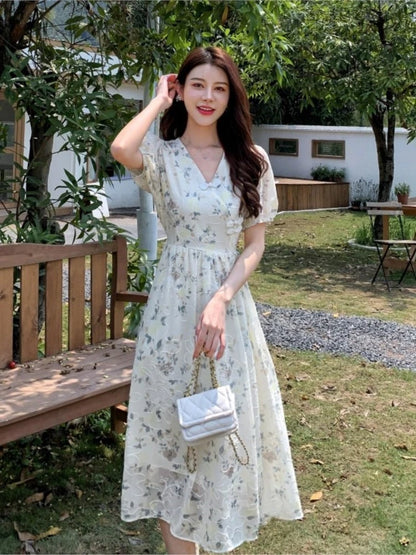 Summer New Chinese Style Midi Dresses for Women Floral Printed V-neck Puff Sleeve A-line Casual Elegant Dress One Piece Vestido