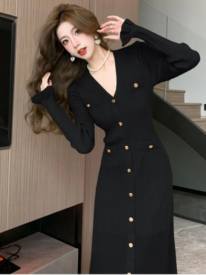 Autumn Solid Knitted Dresses for Women Single Breasted Chic Flared Sleeve Ruffles Hem Casual  Female Office Elegant Robes