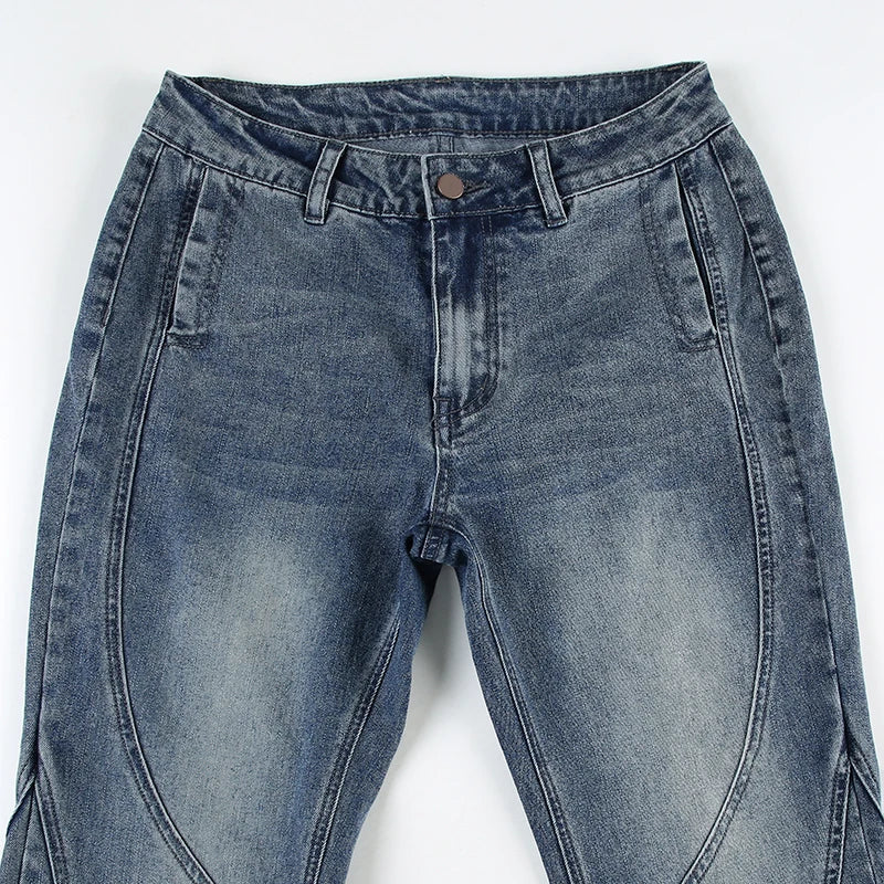 Y2K Low Waisted Washed Flare Jeans Korean Streetwear Blue Slim Fit Denim Pants Fashion Lady Casual Boot Cut Trousers