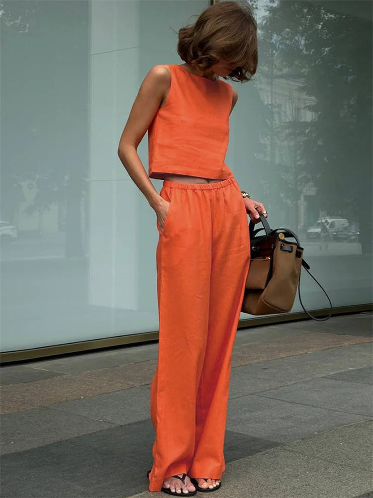 Summer Fashion 2 Piece-Set Women’s Pants Sleeveless Cropped Vest Top And Wide Leg Trousers Sets Female Outfits Trousers