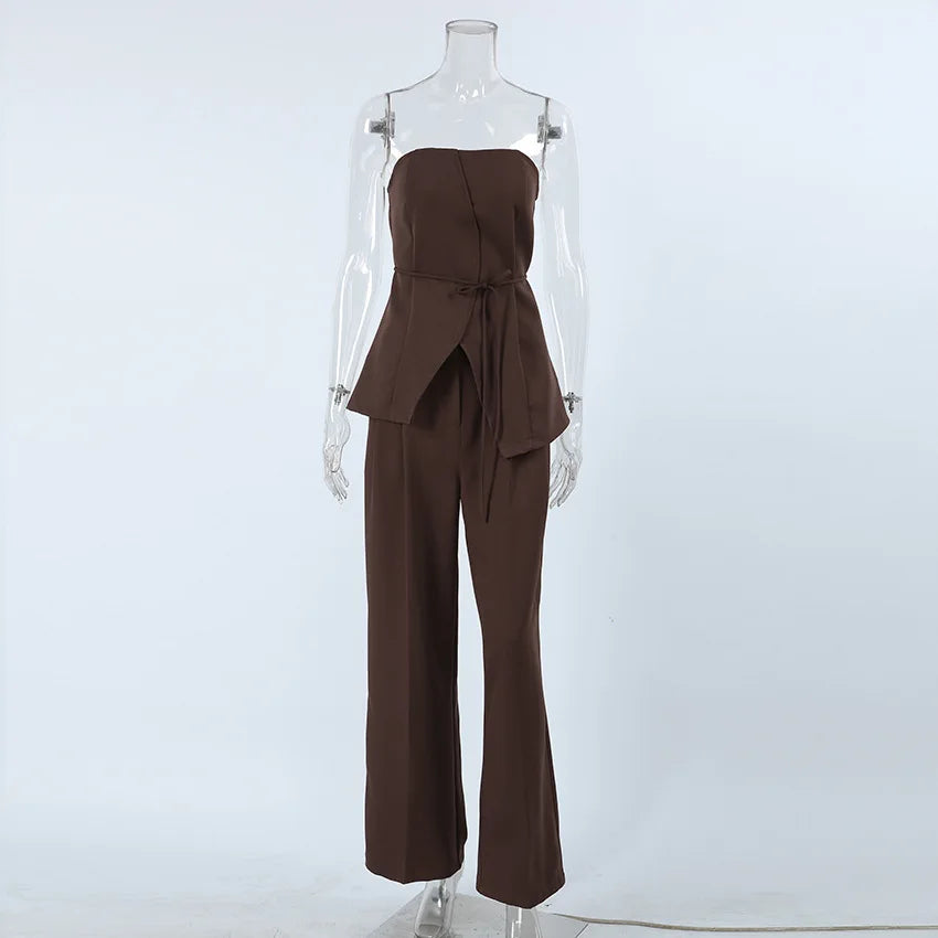 Vintage Solid Pants Sets Women Summer Off Shoulder Lace-up Tube Top+Wide Leg Trouser 2025 New Fashion Simple Elegant 2 Piece Set
