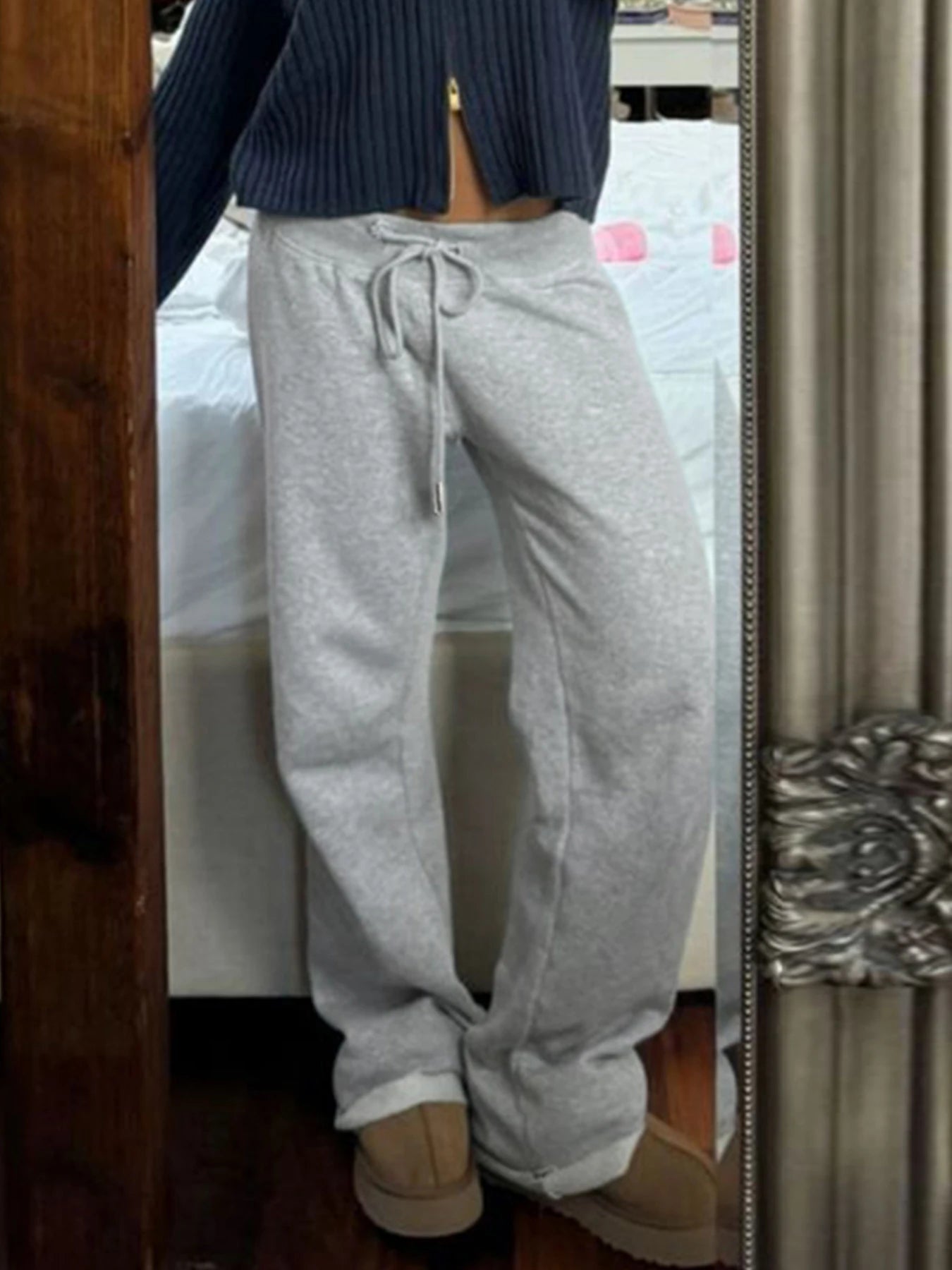 Pockets Drawstring High Waist Casual Loose Sweatpants For Women Gray Solid Basic Simple Straight Leg Pants Jogging Trousers
