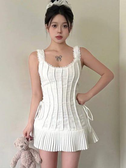Elegant Pleated Short Dresses for Women Summer New Sleeveless Square Collar White Dress Korean Fashion Y2K One Piece Vestido