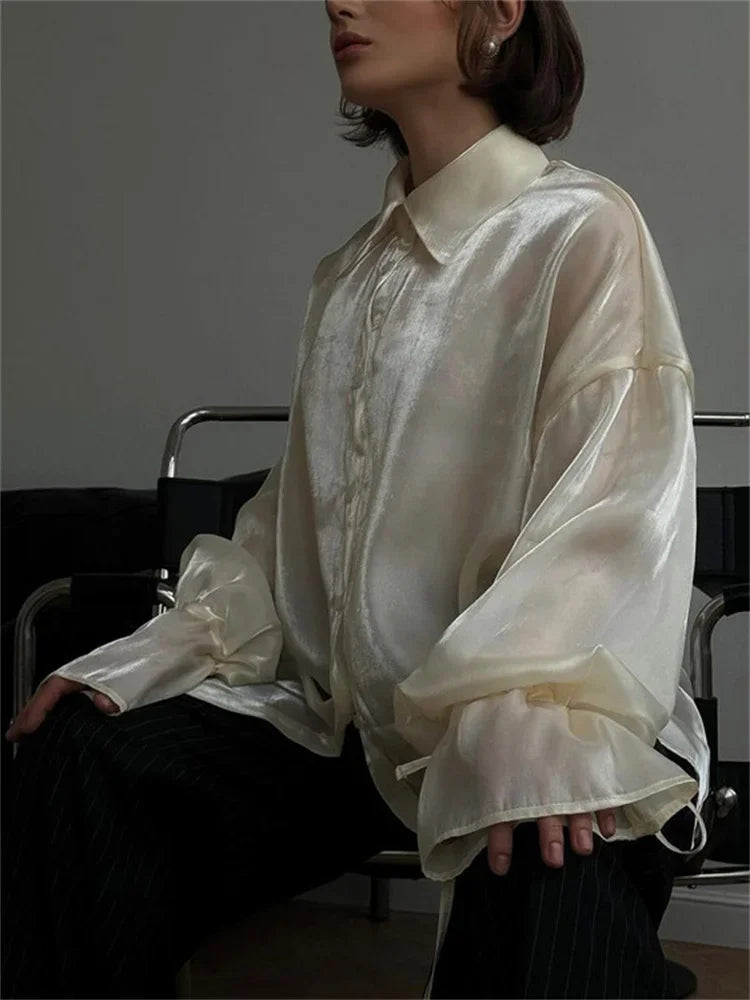 Casual Loose See-Through Shirts Coat Female Lapel Long Sleeve Lace-Up 2025 Summer Outwear Women’s Solid Patchwork Blouse